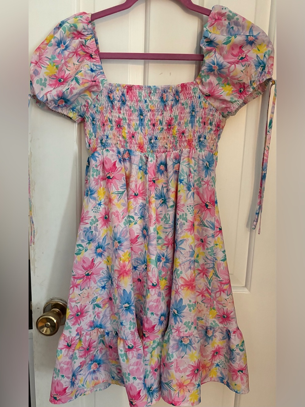 Women’s Pink Floral Smocked Puff-Sleeve Dress